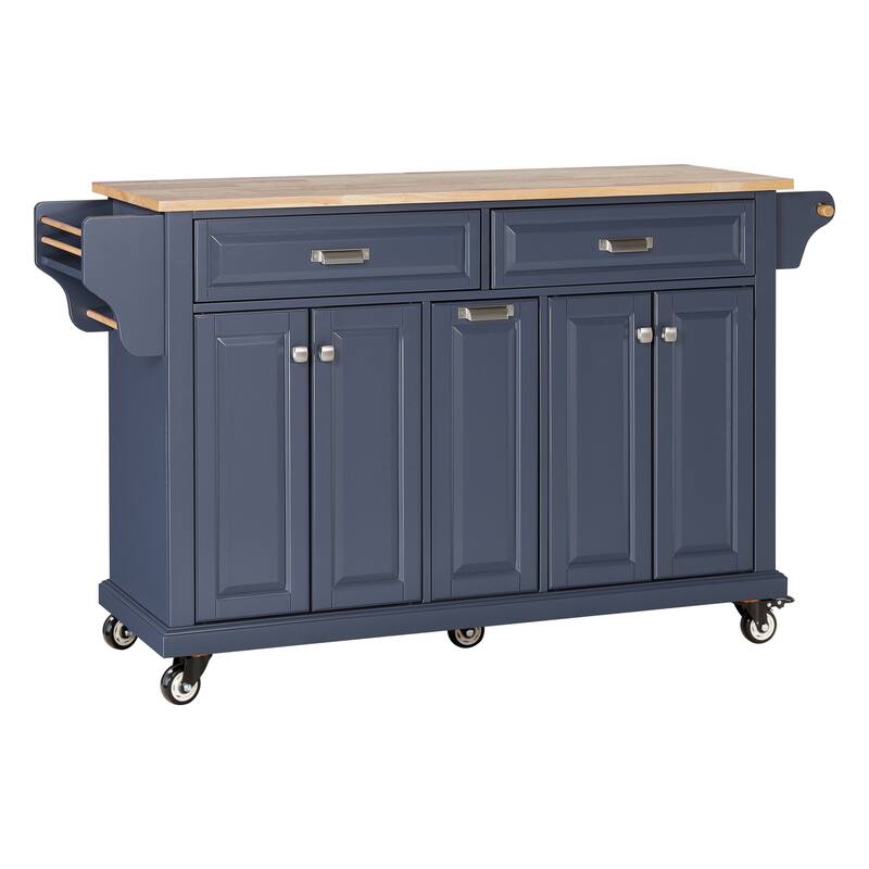 Kitchen Island with Rubber wood Countertop, Kitchen Cart on 5 Wheels with Storage Cabinet and 2 Top Drawers