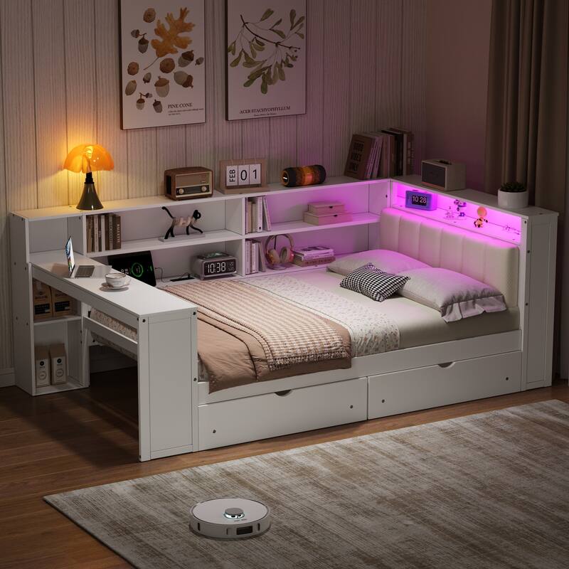 Full Size Platform Bed with Storage, Charging Station, LED, Desk, and Upholstered Headboard - Beige+White
