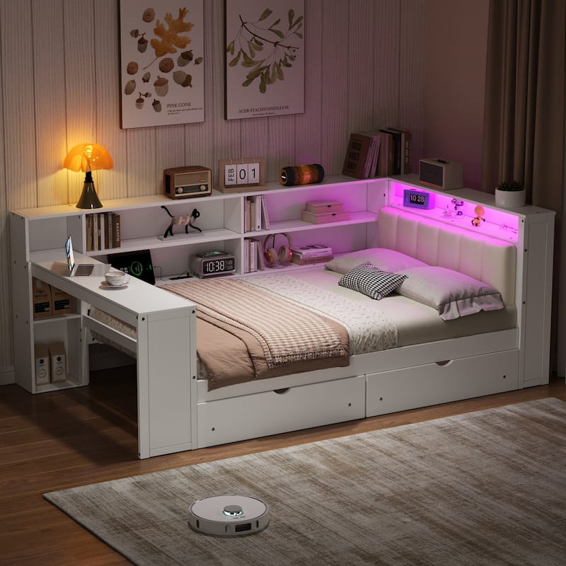 Wood Daybed with Desk, LED Upholstered Headboard, Storage Shelves Built-in Charging Station, Optional Drawers or Trundle - Beige White with Drawers - Full