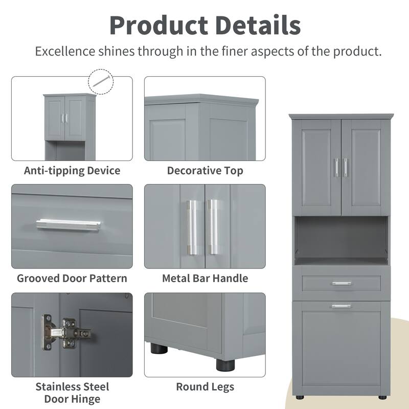 Tall Bathroom Linen Tower with Cabinet, Drawer and Hamper