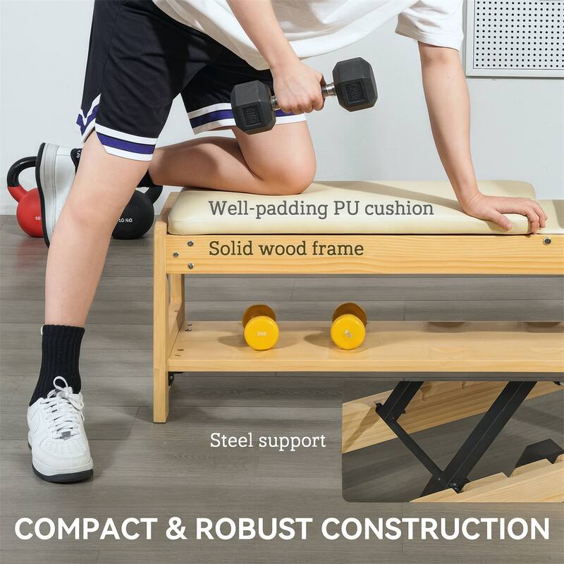 Adjustable Dumbbell PU Padding Bench with Storage Rack and Wood Frame for Home Gym - 46.9" L x 14.8" W x 16.9" -44.1" H