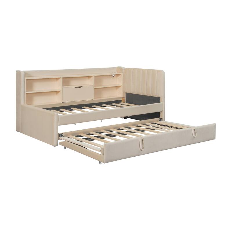 Highly Functional Upholstered Daybed with Trundle,Ample Storage Shelves,and Integrated Charging Station
