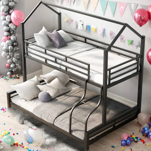 slide 2 of 9, 2 IN 1 Twin over Full Metal House Bunk Bed With Sturdy Frame Black