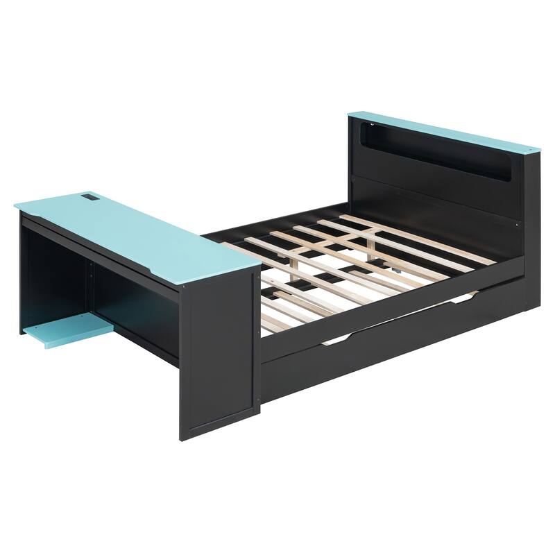 Wood Daybed with Trundle & Built-in Desk, LED Lights & USB Charging Port, Available in Full or Twin