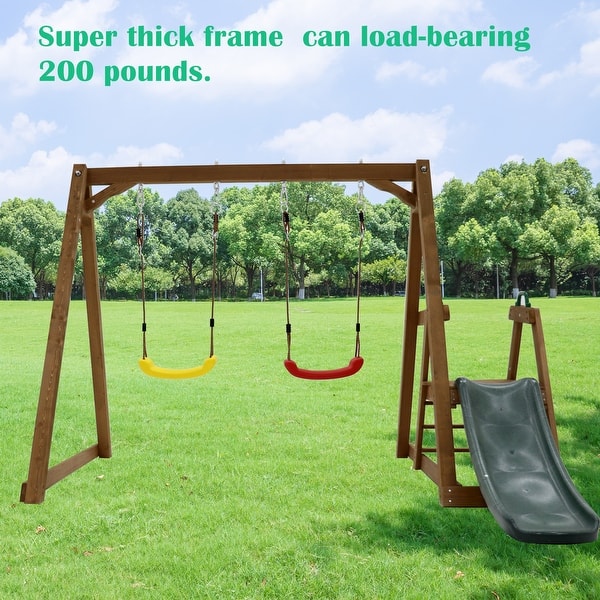 slide 2 of 7, Wood Swing Set with Slide, Climbing Rope Ladder Light Gray