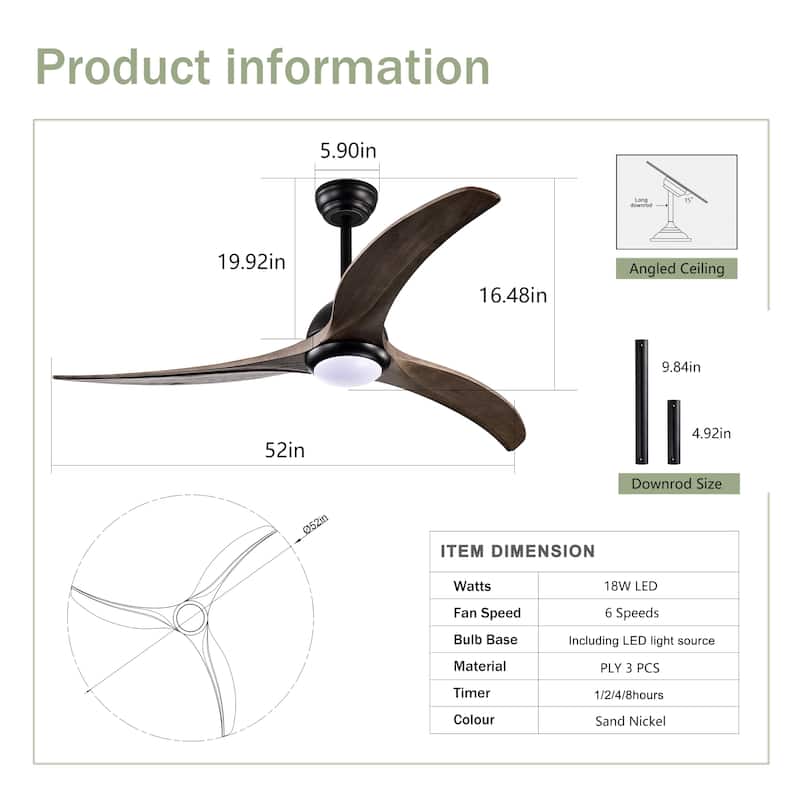 52" Solid Wood Blades Ceiling Fan With Light with Remote Control, Noiseless Reversible Motor, 6 Speed, 3 Color