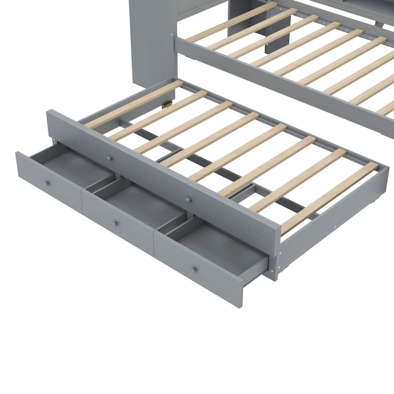 Twin Size Daybed with Trundle, Built-in Shelves, Drawers and Side Desk