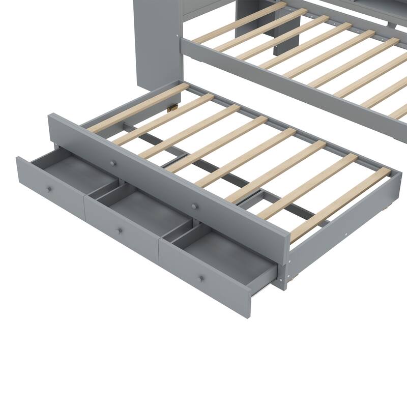 Wooden Daybed Frame with Pull Out Trundle and 3 Drawers, Platform Sofa Bed with Built In Desk and Shelves, No Box Spring Needed