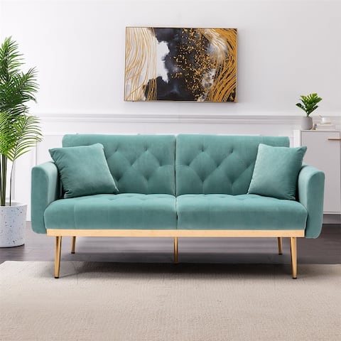 Velvet Futon Sofa Bed with 5 Golden Metal Legs, Sleeper Sofa Couch with Two Pillows, Convertible Loveseat for Living Room