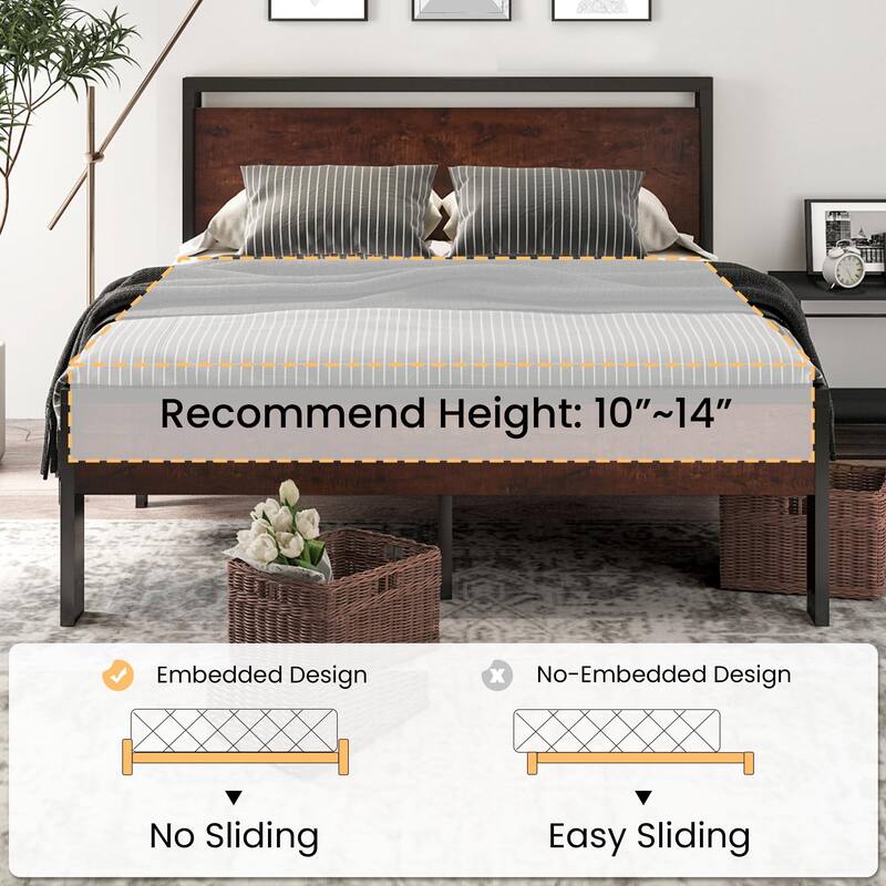 14 Inch Queen Size Metal Platform Bed Frame with Wooden Headboard and Footboard, Mattress Foundation, No Box Spring Needed
