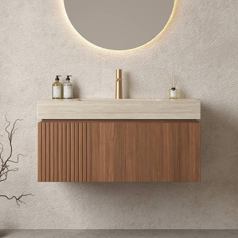 30"/36"/48" Wall-Mounted Bathroom Vanity with Ceramic Sink, Sintered Stone Countertop Floating Bathroom Storage Cabinet - Beige,Brown Oak - 36 Inch