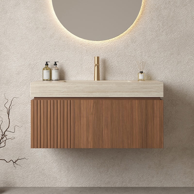 36" Bathroom Vanity with Sink, Wall-Mounted Plywood Bathroom Storage Cabinet with Drawer & Door - Beige,Brown Oak