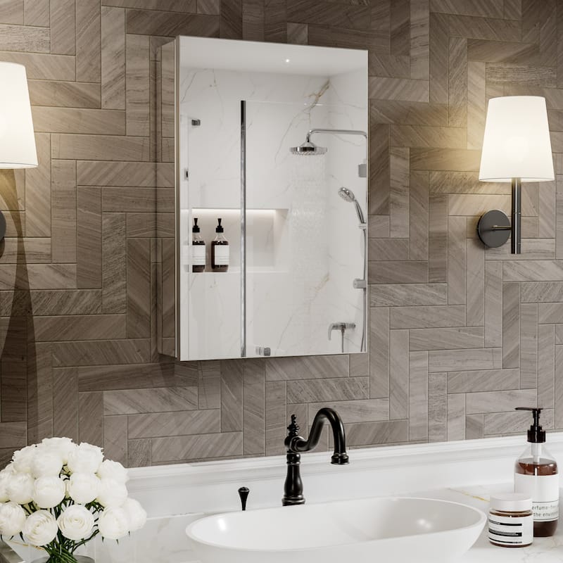 Modland Single Door Bathroom Medicine Cabinet with Mirror Adjustable Shelves,Recessed or Surface Mount - 16"x24"