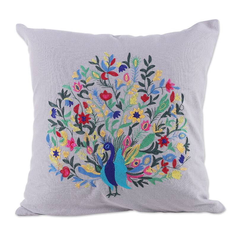 Novica Handmade Divine Peacock In Grey Embroidered Cotton Cushion Covers (Pair)