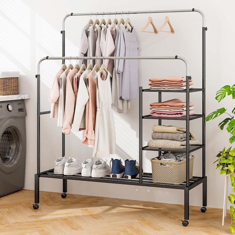 Costway Rolling Clothes Drying Rack Double Rods Garment Rack with - See Details