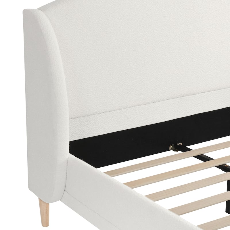 White Platform Bed, Boucle Fabric Upholstered Frame Rounded Corners Headboard Wingback Bed with Wood Slat and Center Metal Legs