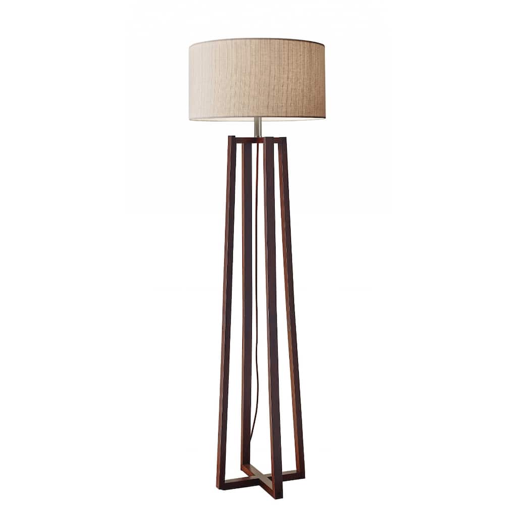 Brown Solid Wood Floor Lamp with Beige Drum Shade and Rotary Switch - 19” x 19” x 60” (D x W x H)