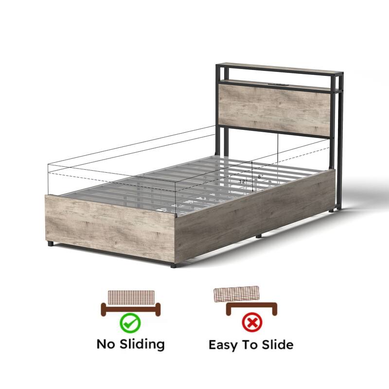 Storage Twin Bed Frame with Charging Station, LED Lights, and Easy Assembly
