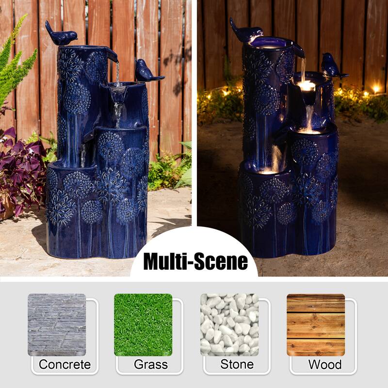 Glitzhome 27" H 4-Tier LED Ceramic Outdoor Floor Fountain with Birds, Cobalt Blue Turquoise Dandelion Texture Vase-Shaped
