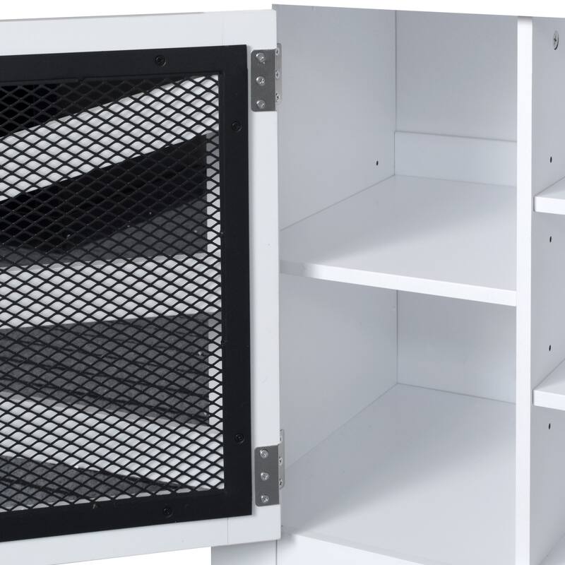 Breathable Hall Tree Cabinet Coat Rack with Adjustable Shelves & Bench Seat, Shoe Storage Cabinet with Wire Mesh Door