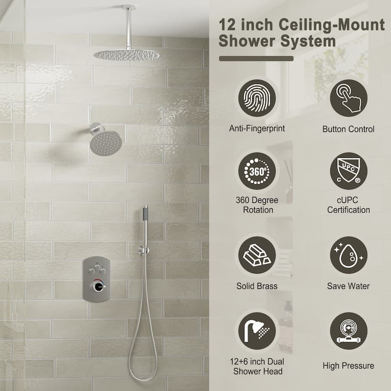 Pressure Balanced 3-Spray Patterns 2.5 GPM 12 in. Dual Shower Head Ceiling Mount Fixed and Handheld Shower Head - 12" x 12"