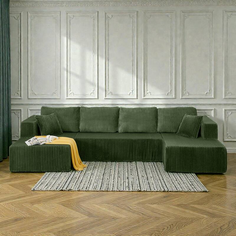 U Shaped Modular Sectional Sofa, Modern Minimalist Corduroy Compressed Couch, Sleeper Sofa for Living Room