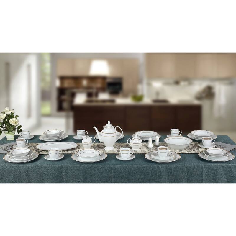 57 Piece Gold Wavy Dinnerware Set-Porcelain China Service for 8 People-Gloria