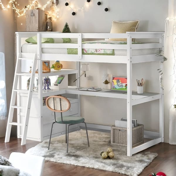 slide 2 of 17, Twin Size Loft Bed with Desk and Shelves, Two Built-in Drawers, White White
