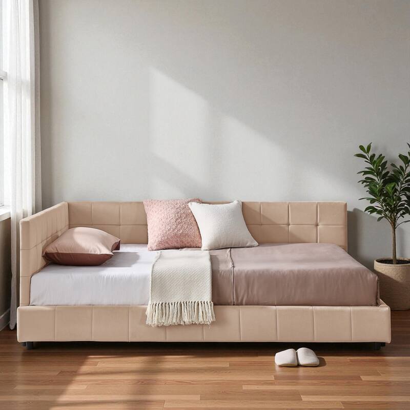 Full Size Velvet Upholstered Tufted Daybed Frame with Backrest and Armrest, Mid-Century Sofa Bed for Bedroom or Living Room - Pink - Full