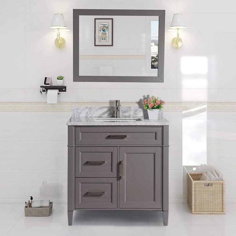 Vanity Art 36-Inch Single Sink Bathroom Vanity Set Carrara Marble Stone Top 3 Drawers 1 Shelf Undermount Sink with Free Mirror