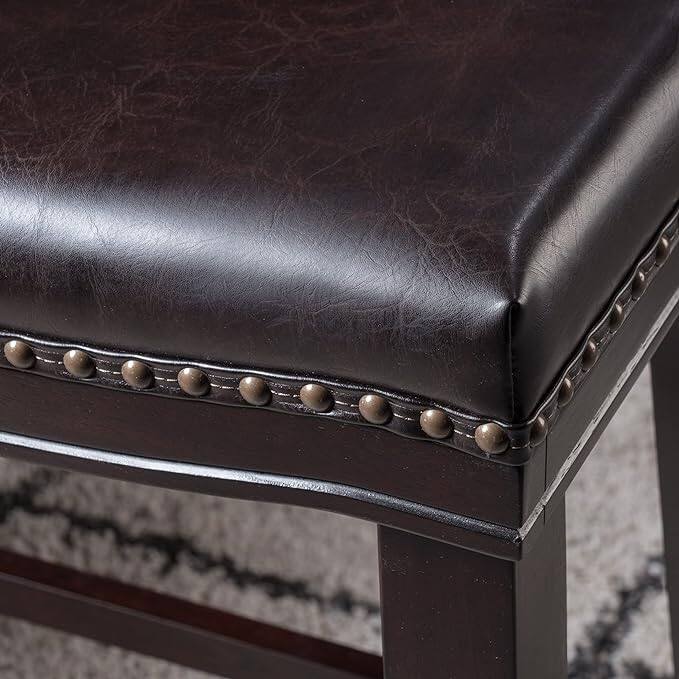 Modern Set of 2 Bar Stools with Leather Cushioned Seats, Nailhead Trim, Solid Wood Legs for Dining Room Living Room and Bar