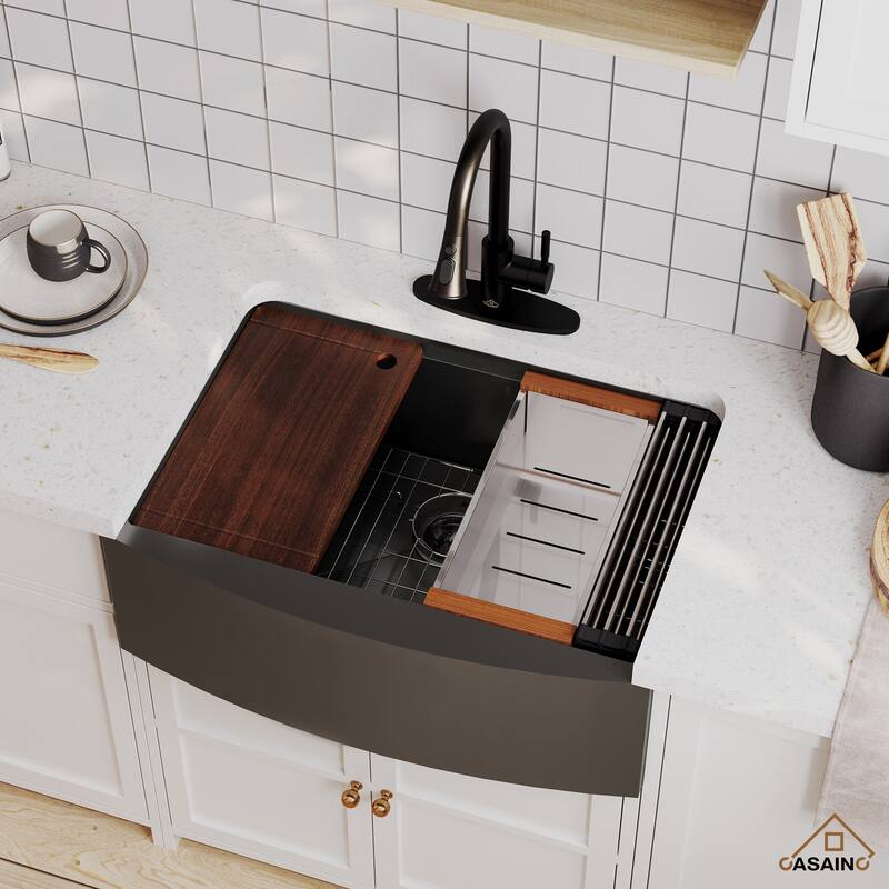 Stainless Steel 16-Gauge Single Bowl Farmhouse Apron Workstation Kitchen Sink in Gunmetal Black with Accessories