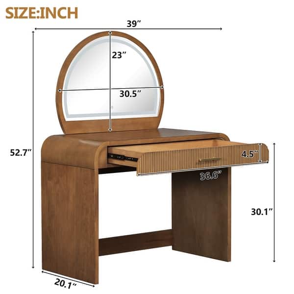 dimension image slide 3 of 4, 39" Makeup Vanity Desk Bedroom Dressing Table with Curved Touch LED Light Makeup Mirror