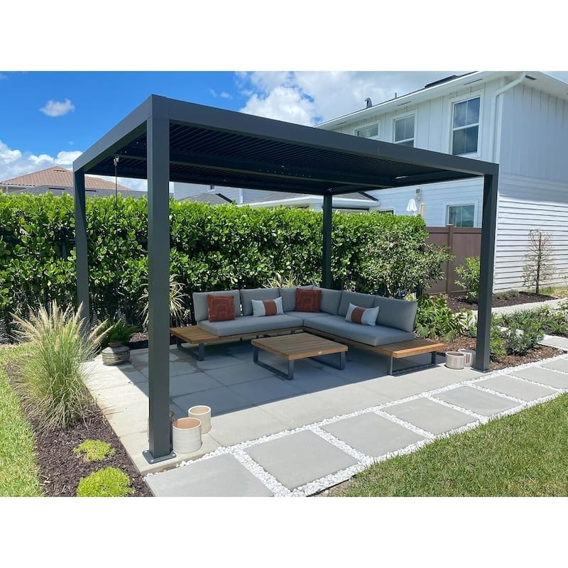 PURPLE LEAF Grey Louvered Pergola Accessories Roller Blinds, Strip Light and Shutter Wall(Pergola Not Included)
