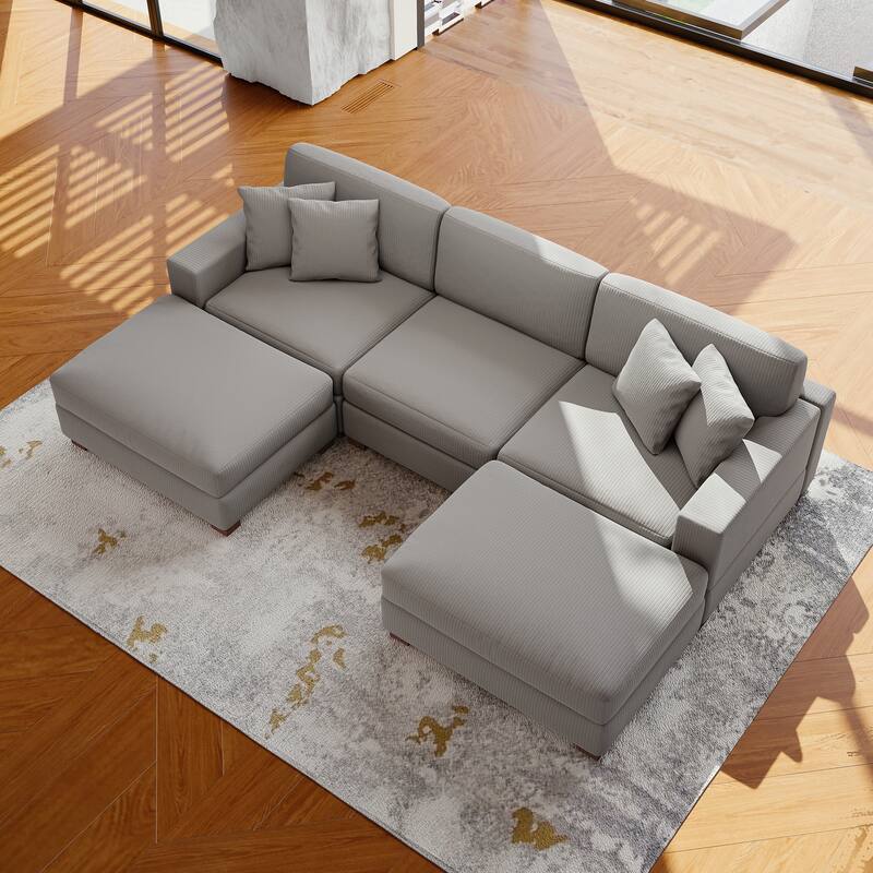 Modular Corduroy Sectional Sofa Set Chaise Couch with Ottoman