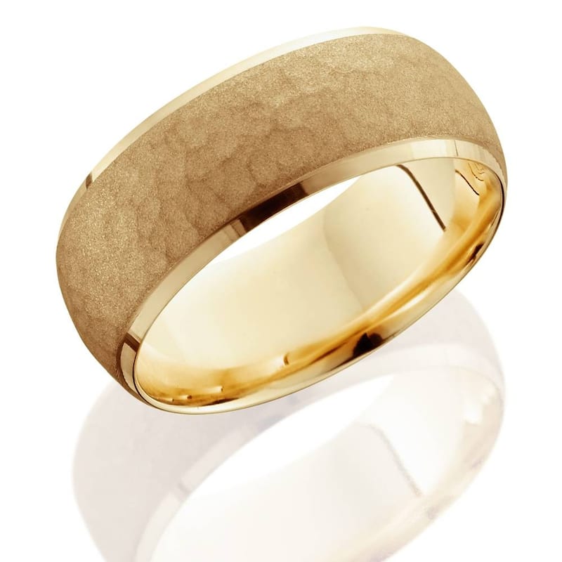 Mens Yellow Gold 7MM Hammered Bevel Comfort Wedding Ring Band