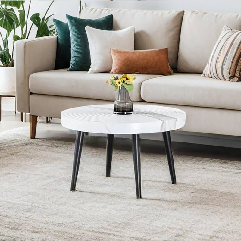 Modern Round Coffee Table - Exquisite Suction Molding Process,Natural Wood Grain Texture,Black Sprayed Metal Leg.