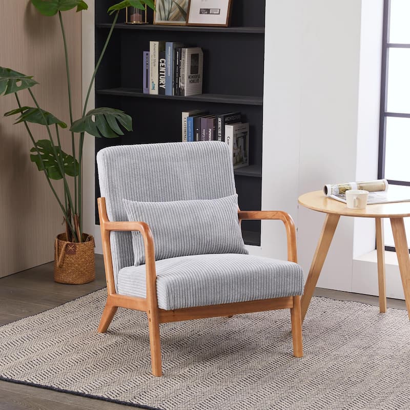 Mid-Century Modern Accent Chair, Armchair Living Room Chairs with Pillow - Light Gray+Natural