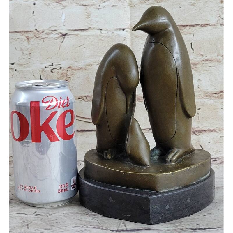 Penguin Family On Heart Shaped Marble Base Bronze Statue Figure Sculpture 8 Inches X 6 Inches