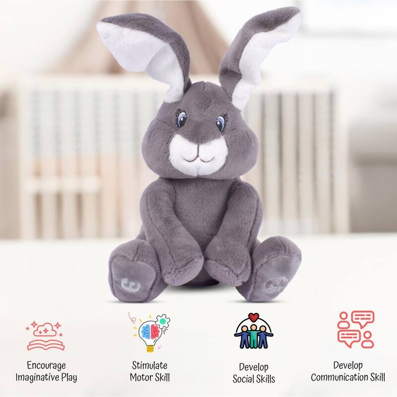 Dimple Milo Animated Peek-a-Boo Bunny - Singing Plush Toy for Babies and Toddlers, Grey, Ages 0 and Up