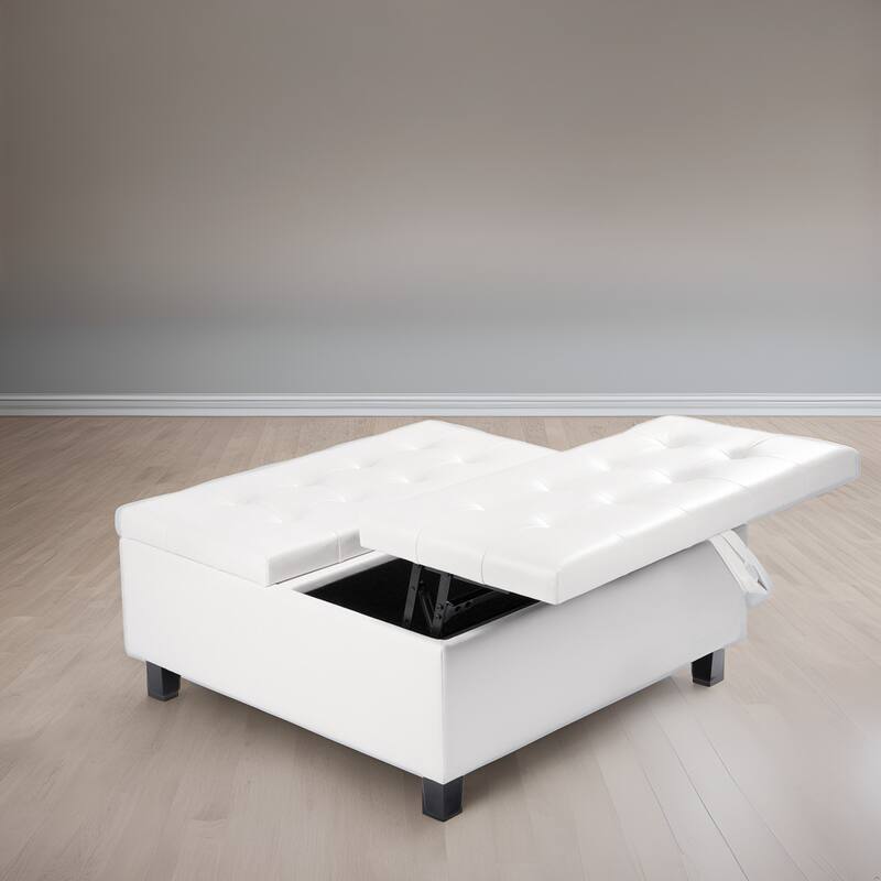35-Inch Air Leather Tufted Upholstered Lift-Top Ottoman Bench, Large Square Storage Coffee Table for Living Room - White