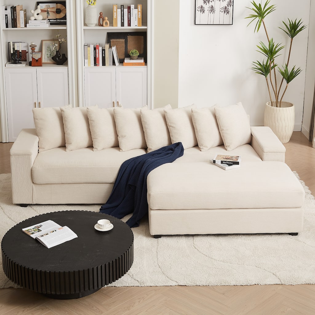 L-shaped Sectional Sofa with Chaise Corduroy Upholstered Couch with Reversible Ottoman, 2 Storage Armrests and 8 Pillows