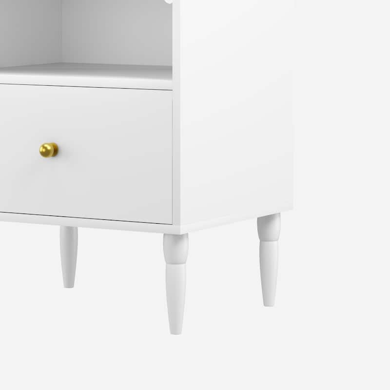 Modern Nightstand with Drawer and Open Shelf, Bedside Table with Gold Knob, Solid Wood Legs, Small End Table for Bedroom