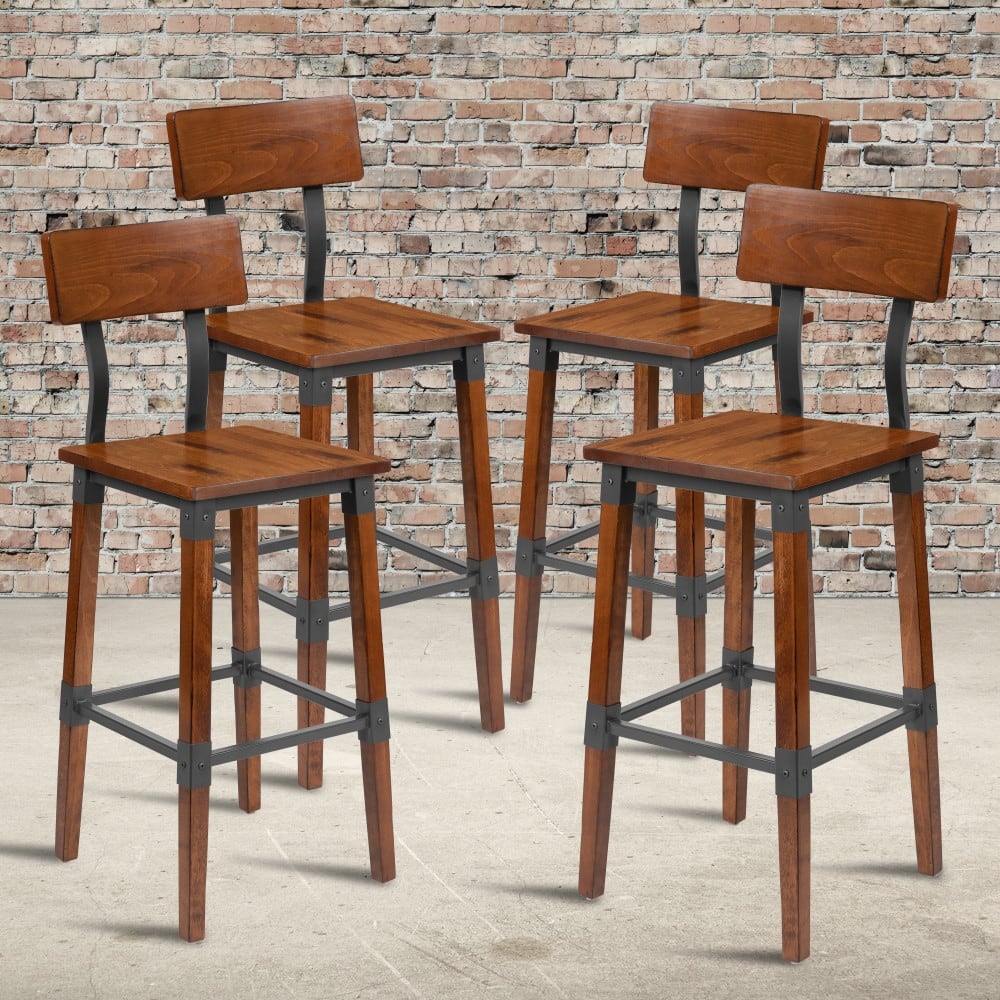 4 Pack Commercial Grade Rustic Industrial Style Wood Dining Barstool