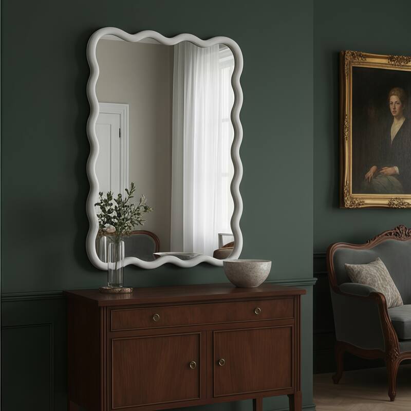 Wavy Rectangle Solid Wood Frame Decorative Mirror - White