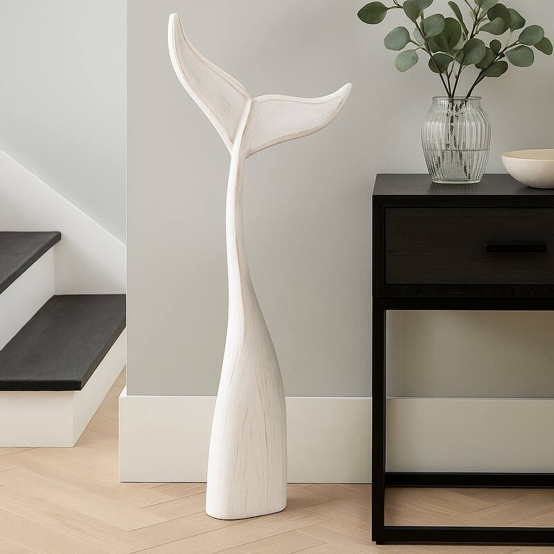 Artistic Wood Whale Tail Figurine Sculpture Home Decor - White - 39.0"