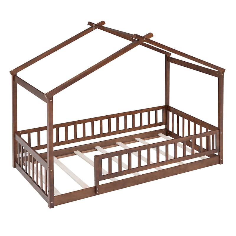 Twin Size Wooden House Bed Frame with Fence for Kids and Teens, Playhouse Design in Walnut