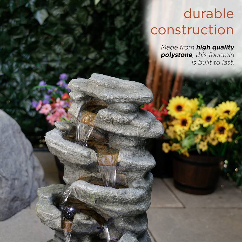 Waterfall Fountain w/ White LED, 24" Tall, Gray