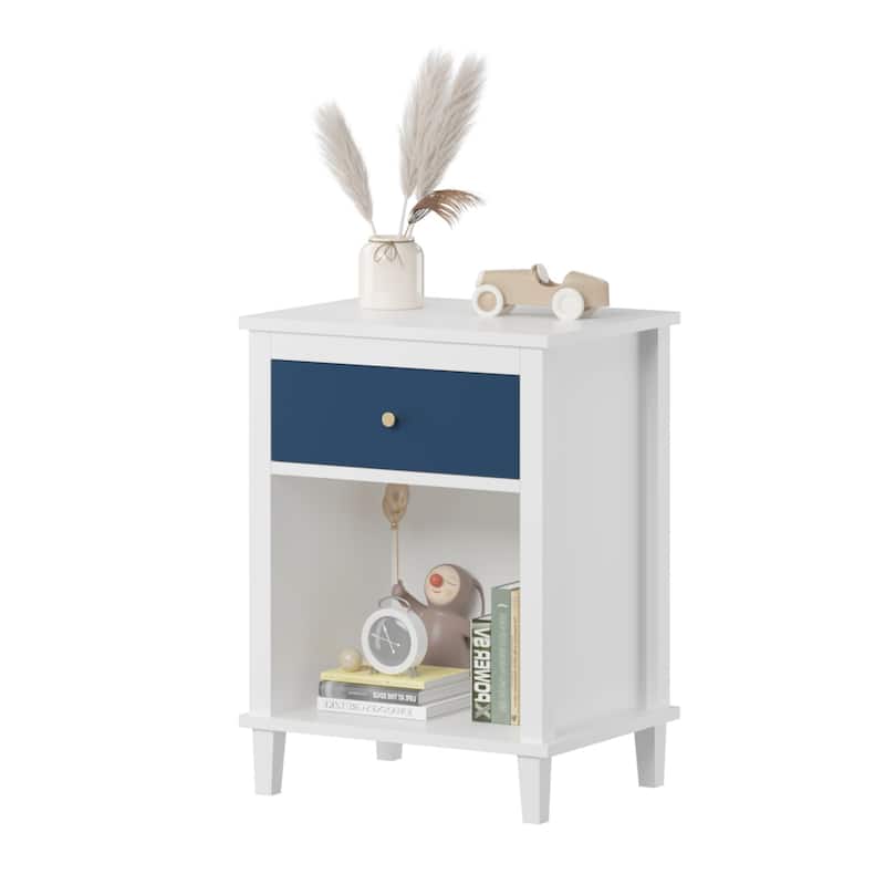 Anmytek White Nightstand with Drawer and Shelf Farmhouse Modern Bedside Table