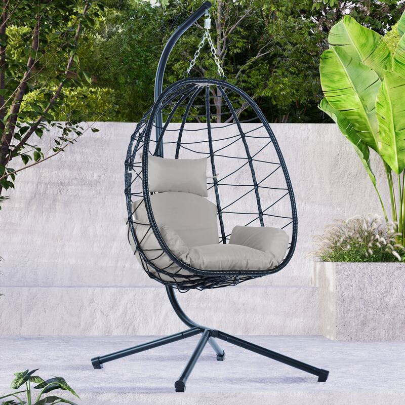 Rattan Hanging Chair with Stand & Cushion